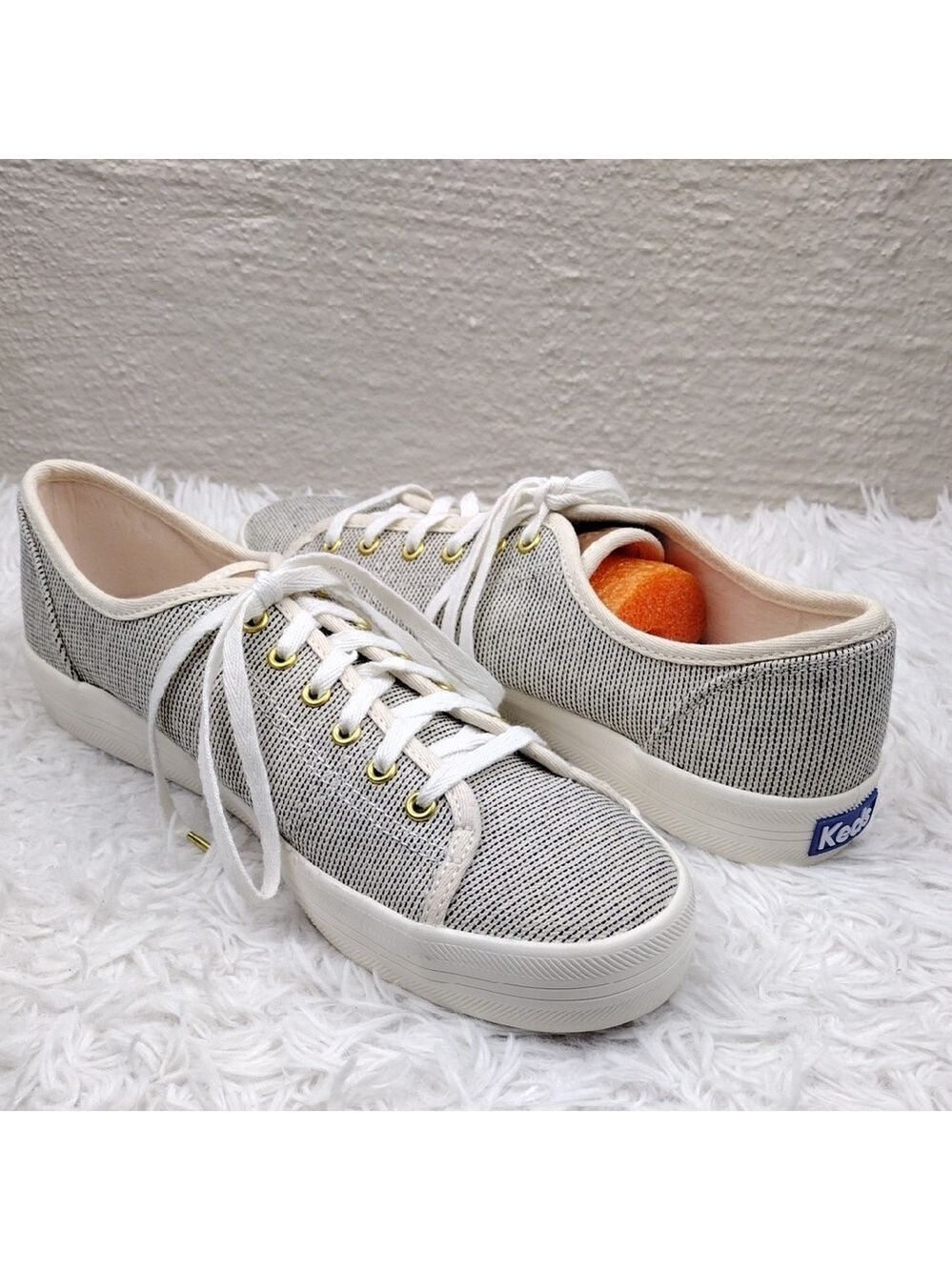 Keds Softerra Cream Black Striped Canvas Upper Lace Up Low Top Platform Sneaker